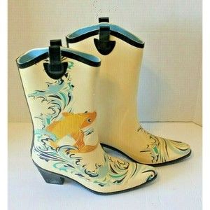 DAV Western Style Rubber Rain Boots Koi Fish Heeled Womens Size 8